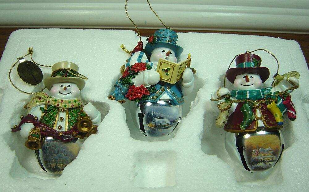 3 BRADFORD EXCHANGE-THOMAS KINKADE SNOW-BELL HOLIDAYS ORNAMENT COLL. SNOWMEN #1